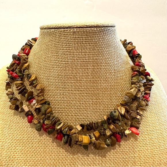 Multi-color Genuine Gemstone Necklace- multistrand chipped brown, green, red - Picture 1 of 8